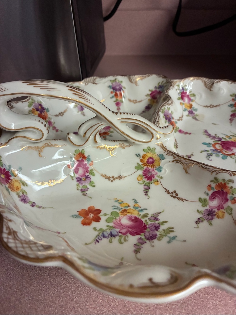 Vintage  hand painted Floral Divided Serving Dish with Gold Trim -